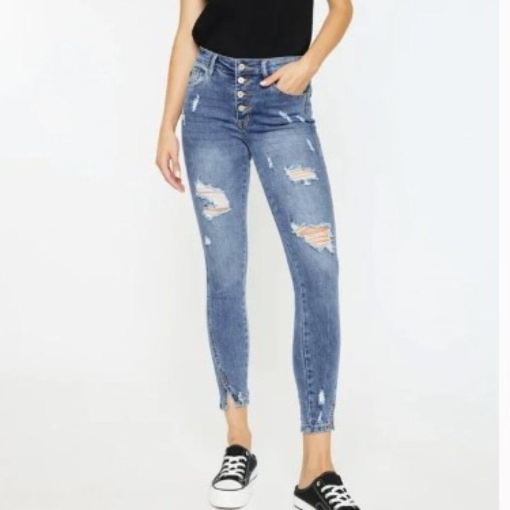 KanCan Ellington High Rise Button Fly Blue Denim Distressed Skinny Jeans 9/28